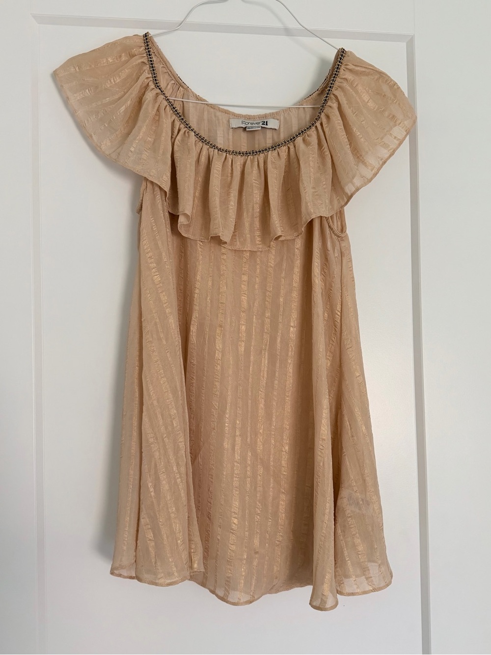 Early 2000s Forever 21 Beige Shimmer Top with Ruffle Neckline